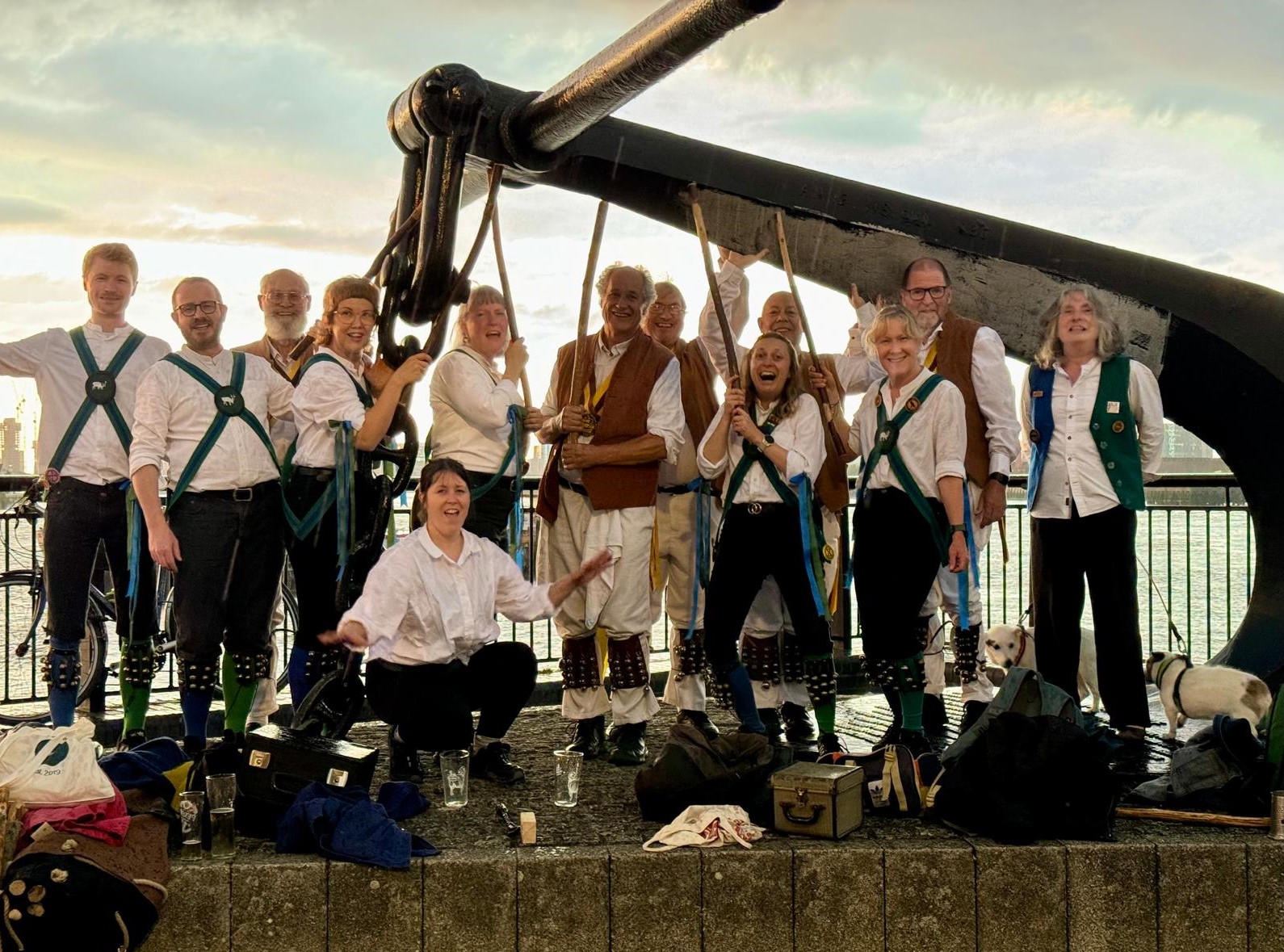 Quaggy Morris and Greenwich morris posing by the Thames